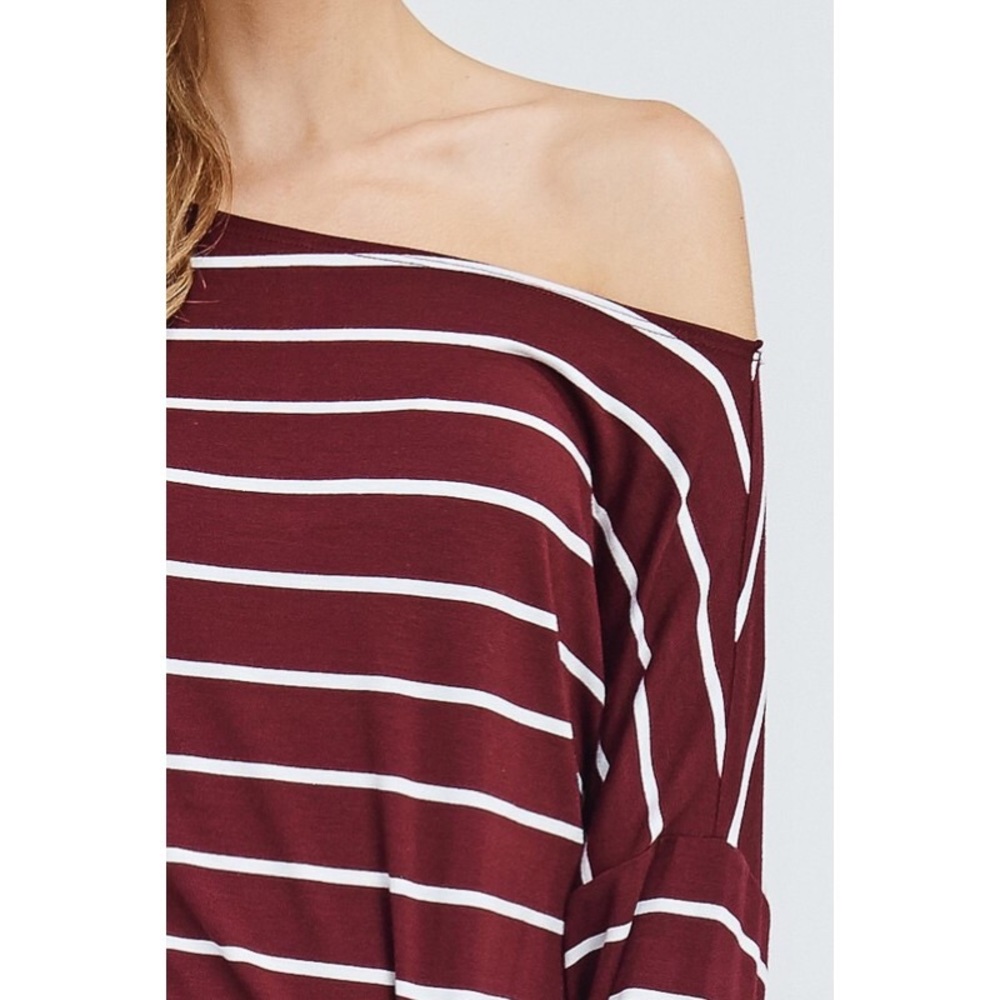 Dolman Sleeve Front Twist Burgundy Striped Top - Picture 4 of 7